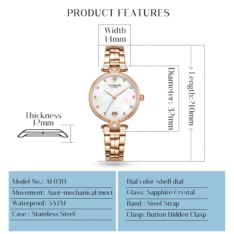 Часы Starking женские с автоматическим механизмом модные роскошные брендовые