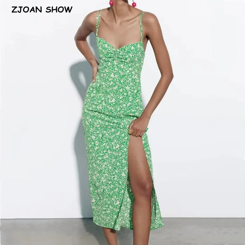 2023 Retro Green Grass Flower Print Corset Style Double Strap Sling Dress Sexy Women V neck Elastci Back Hem Slit Midi Robe