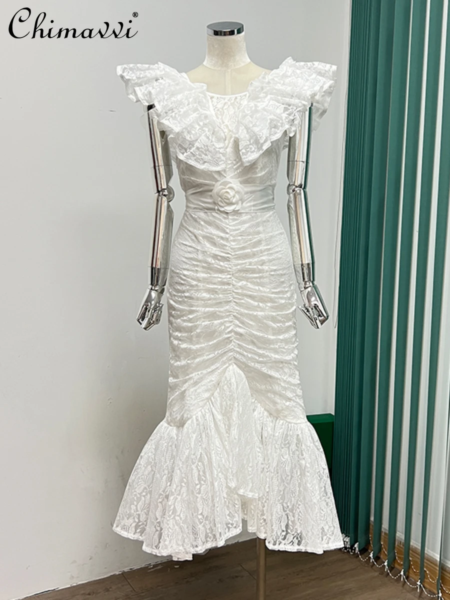 

2022 Summer Dresses New French Fashion Slim Round Neck Flying Sleeves Fishtail Dress High-End Elegant Lace Mid-Length Dress