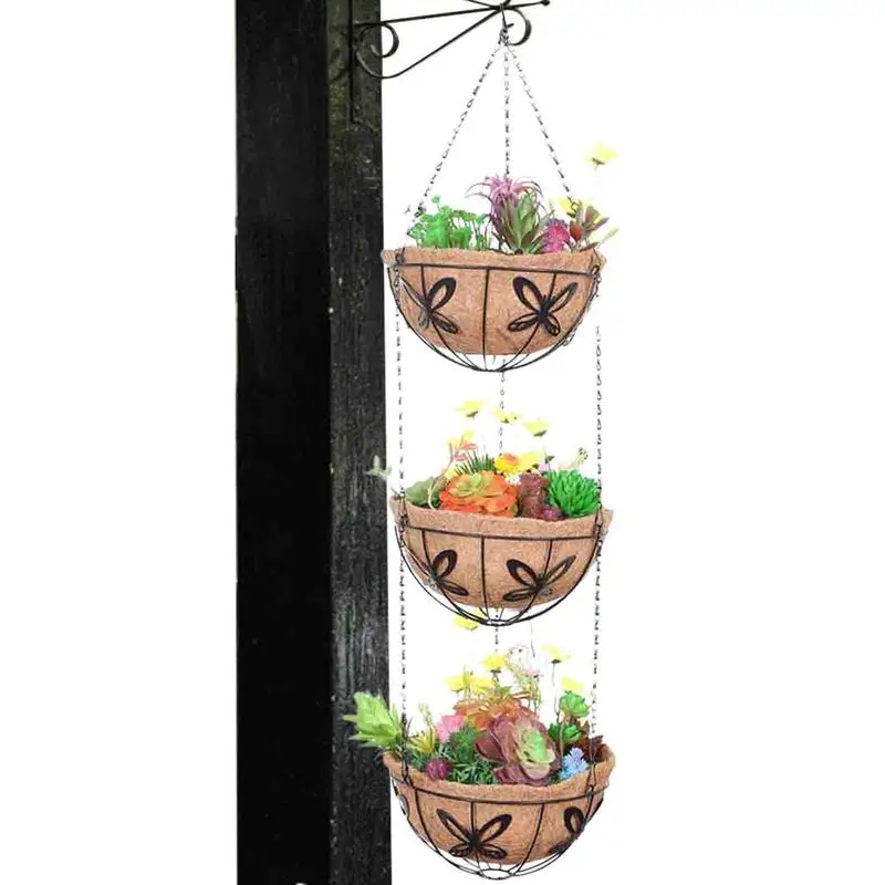 

Hanging Coconut Vegetable Flower Pots 3-tier Coconut Palm Hanging Iron Art Basket Liners Planter With Chain Decor For Garden