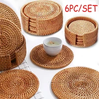 6pc round natural rattan coasters bowl pad handmade insulation placemats table padding cup mats kitchen decoration accessories