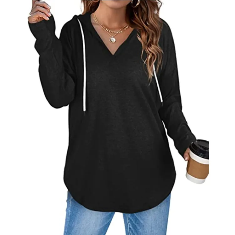 Women's 2022 Autumn and Winter New Solid Color V-neck Loose Long-sleeved Hooded Sweater Women  Sweatshirt Hoodie