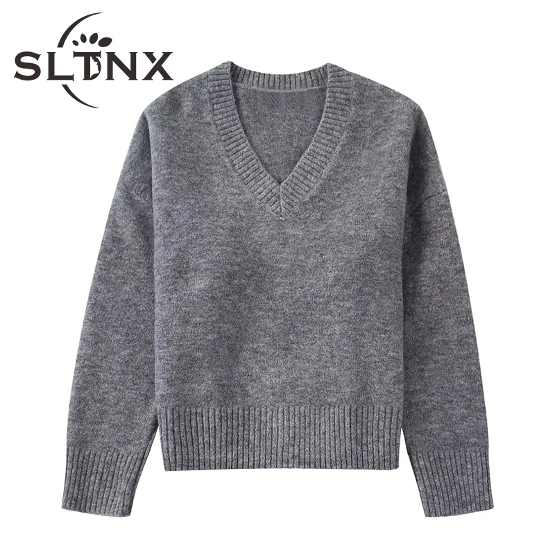 

SLTNX Winter 2022 Women Pullover Sweater V-Neck Solid Long Sleeve Knit Vintage Pullovers Tops Ladies Loose Casual Sweaters