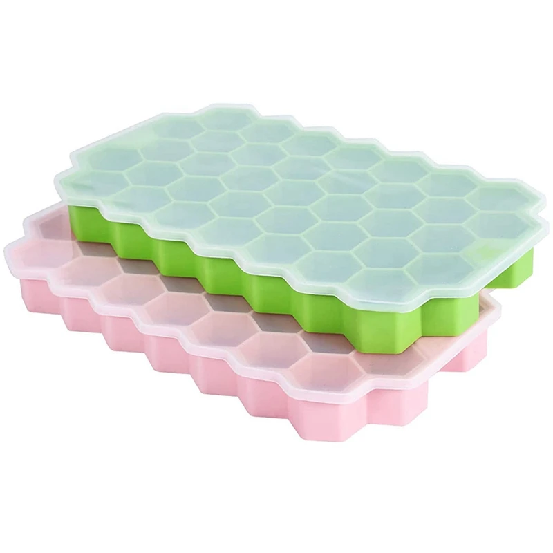 

2 лотка для льда, формы для льда из силикагеля, с герметичными крышками, лотки для льда для холодильников, многоразовые (зеленые + розовые)