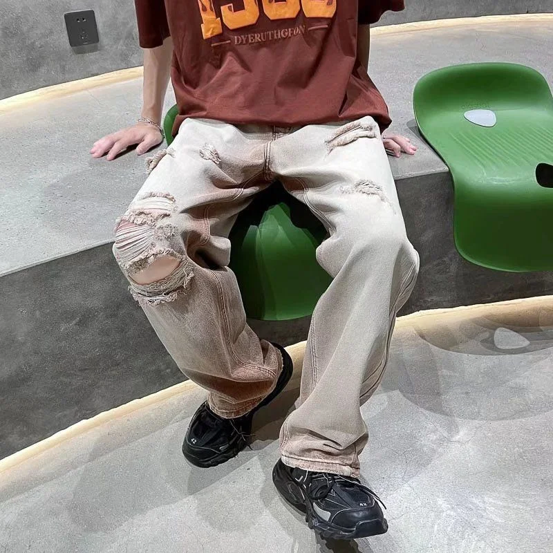 Summer Ripped Baggy Jeans Men Fashion Casual Hole Wide Leg Jeans Mens Japanese Streetwear Loose Hip Hop Straight Denim Pants Men