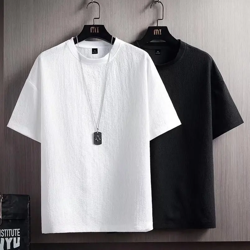 

Men Short Sleeve Summer New Half Sleeve Linen Solid Color Wide Loose Hem T-shirt