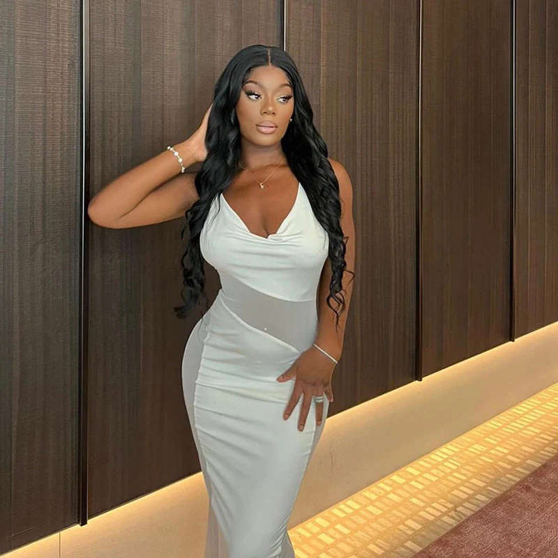 

2022 Temperament Women's Fashion Swing Collar Solid Color Mesh Stitching Open Back Sexy Halter Neck Suspender Long Skirt