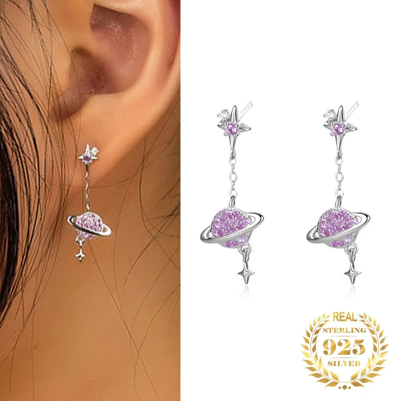 

Fashion Jewelry 925 Sterling Silver Zircon Star Planet Earrings Women Coat Hanger 18k Gold Plated Stud Earrings For Women 2022
