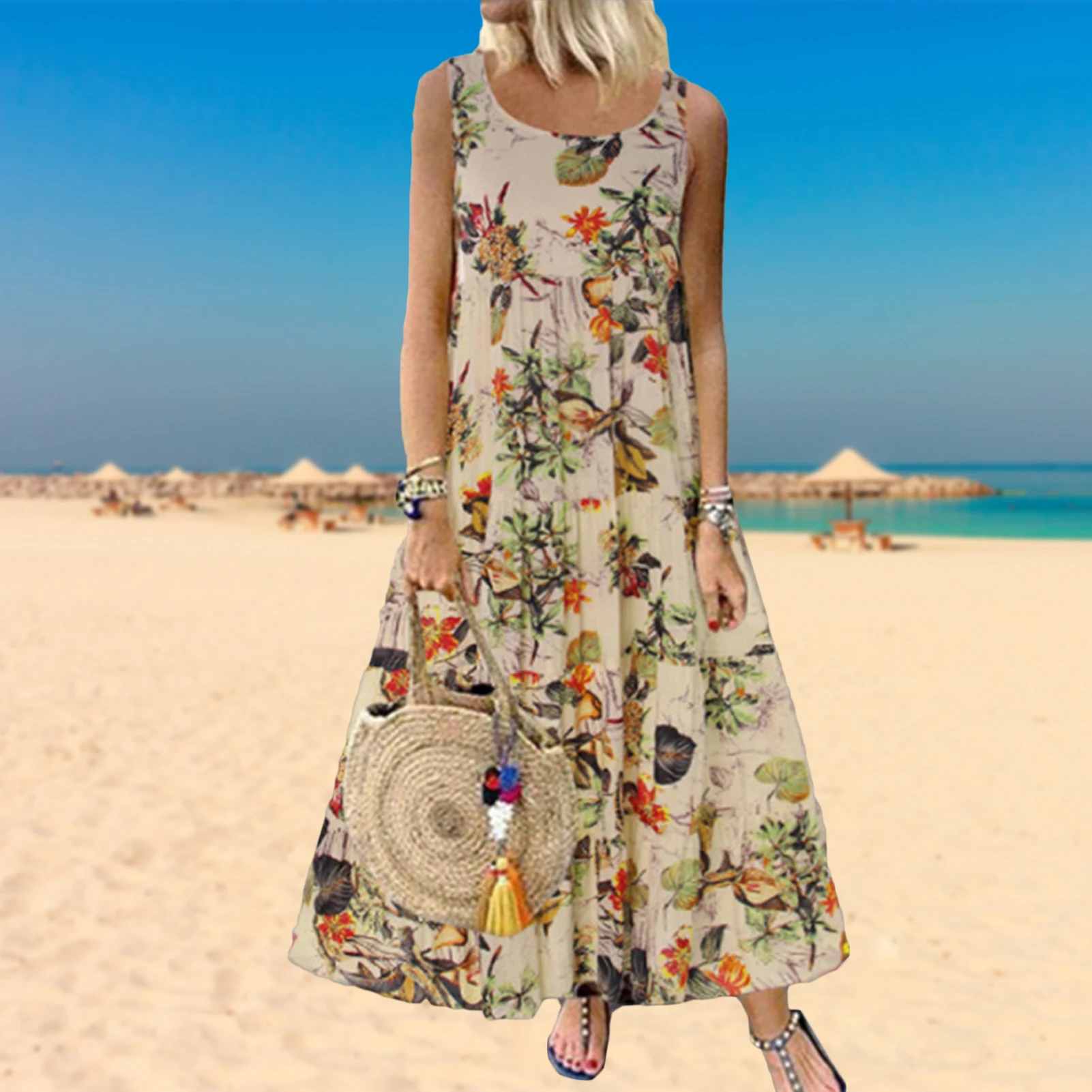 

Summer Sleeveless Sundress Round Neck Floral Print Holiday Beach Dress Ruffle Large Swing European Casual for Weekend Vacation