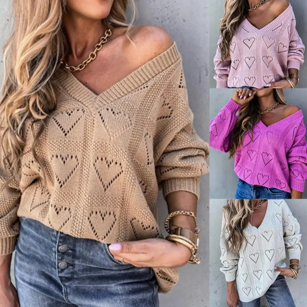 V-Neck Pullover Sweater Women Autumn Winter Love Heart Hollow Crochet Sweater Print Loose Knitwear Jumper Women's Clothing