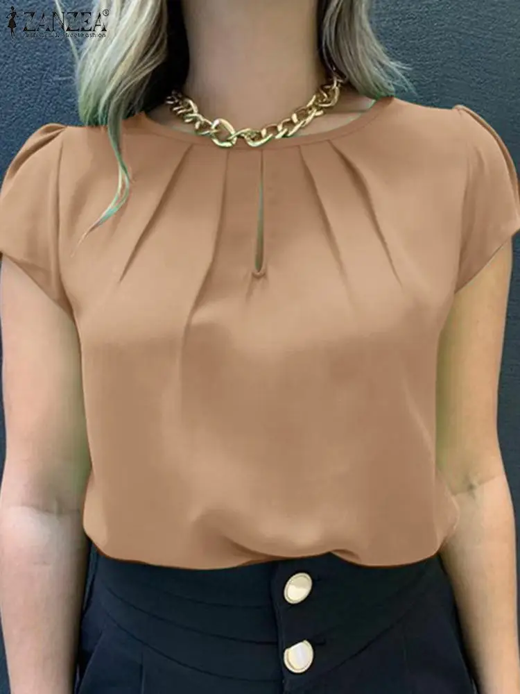 

ZANZEA Women Fashion Solid Blouse Summer Short Sleeve Work Blusas Basic Shirt Causal Pleated Desgin Tops Mujer Femme Chemise