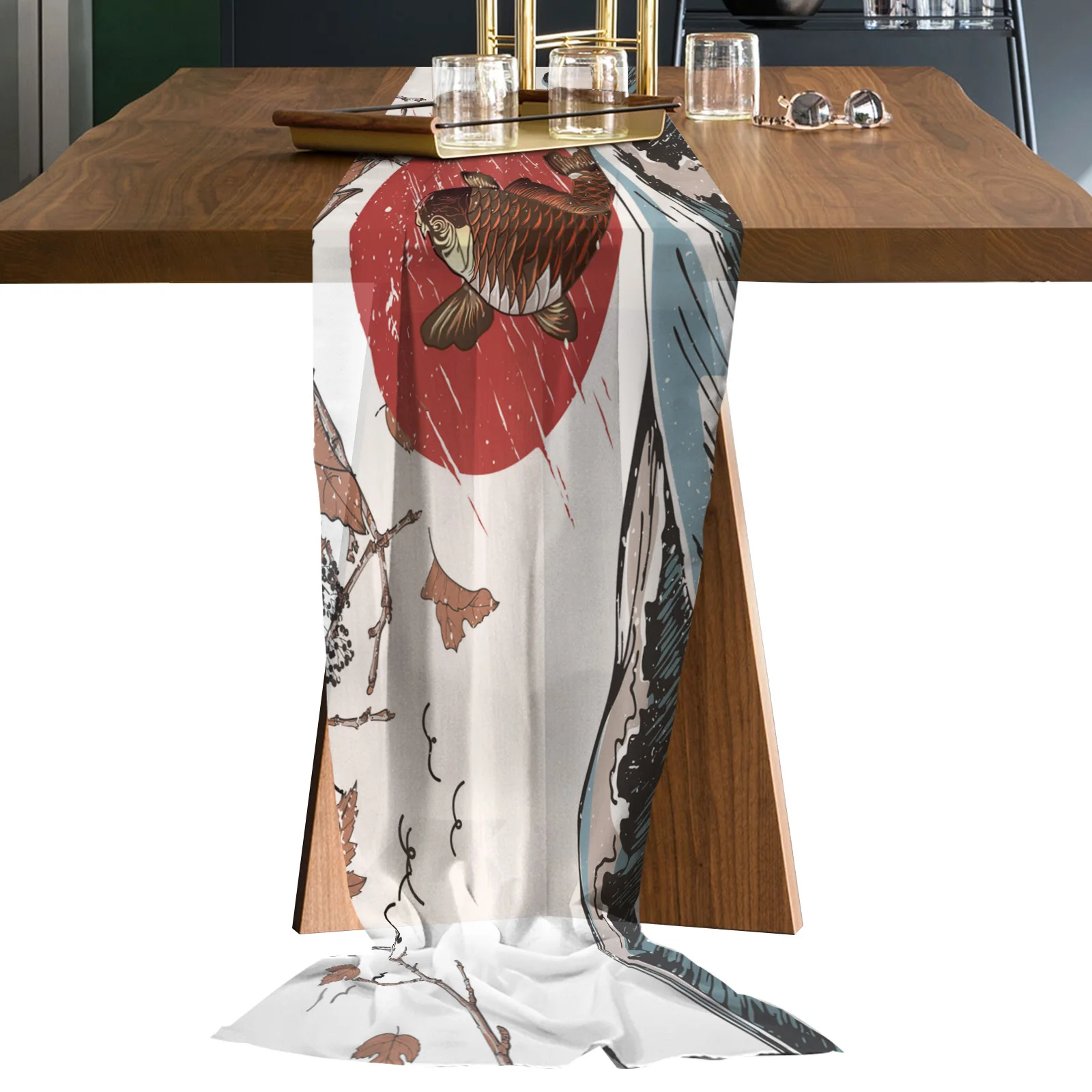 

Japanese Wind Wave Carp Chiffon Table Runners Wedding Party Decor Tablecloth Gauze Table Runner for Home Coffee Table