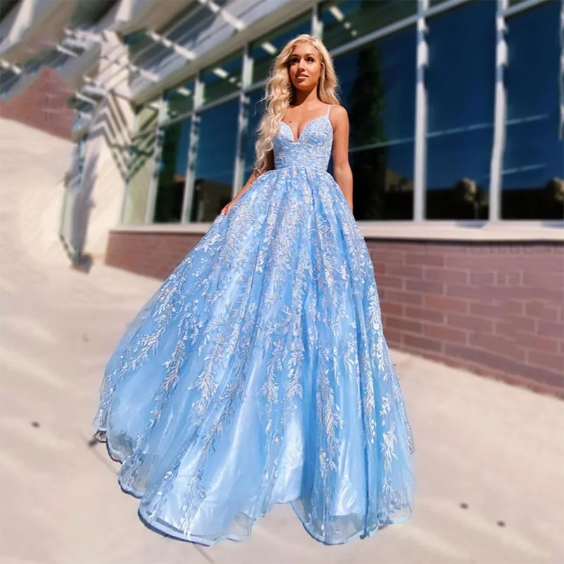 

GIOIO Blue Elegant Lace Formal Evening Dress Spaghetti Strap Vestido de festa longo Lace Appliques Long Party Evening Gowns