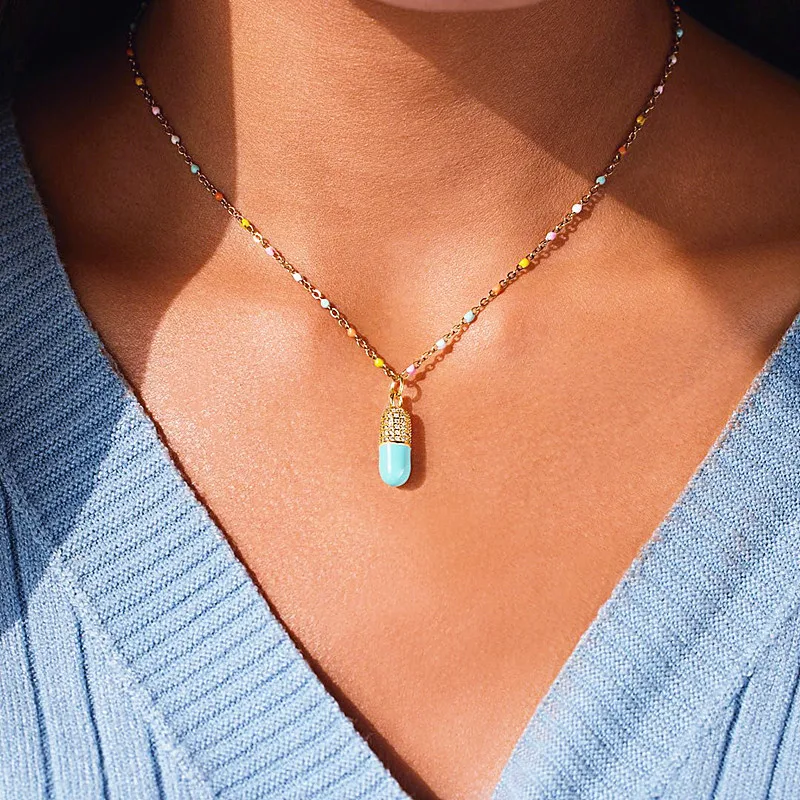 

Stainless Steel Pill Shape Pendant Necklace for Women Men Gold Color Zircon Enamel Colorful Clavicle Chain Vintage Jewelry Gifts