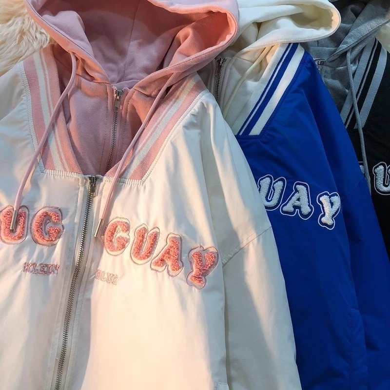 ColdYingan Japanese Cute Fake Two-piece Niche Design Zipper Hooded Loose Padded Jackets Winter Padded Down Jackets for Women