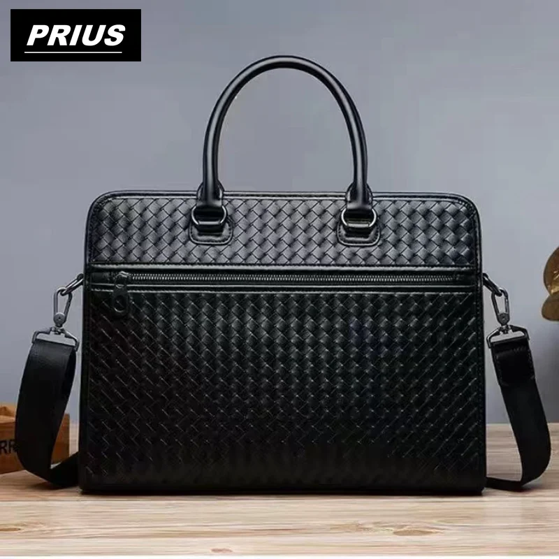 Men's Briefcase Luxury Woven Leather Laptop Bags Men Shoulder Handbag Office Business Travel Bag Bags for Documents Big