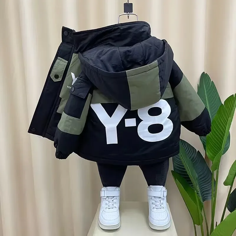 

Boys' Thickened Hooded Coat 2023 New Autumn and Winter Fashion Children's Baby Warm Cotton Jacket Pie Overcome Top