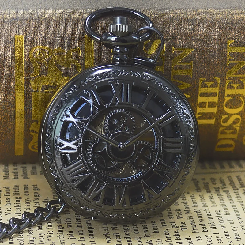 Luxury Steampunk Gear Mechanical Pocket Watch for Men Women Hollow Skeleton Case Roman Numerals Dial Fob Chain Pendant Clock