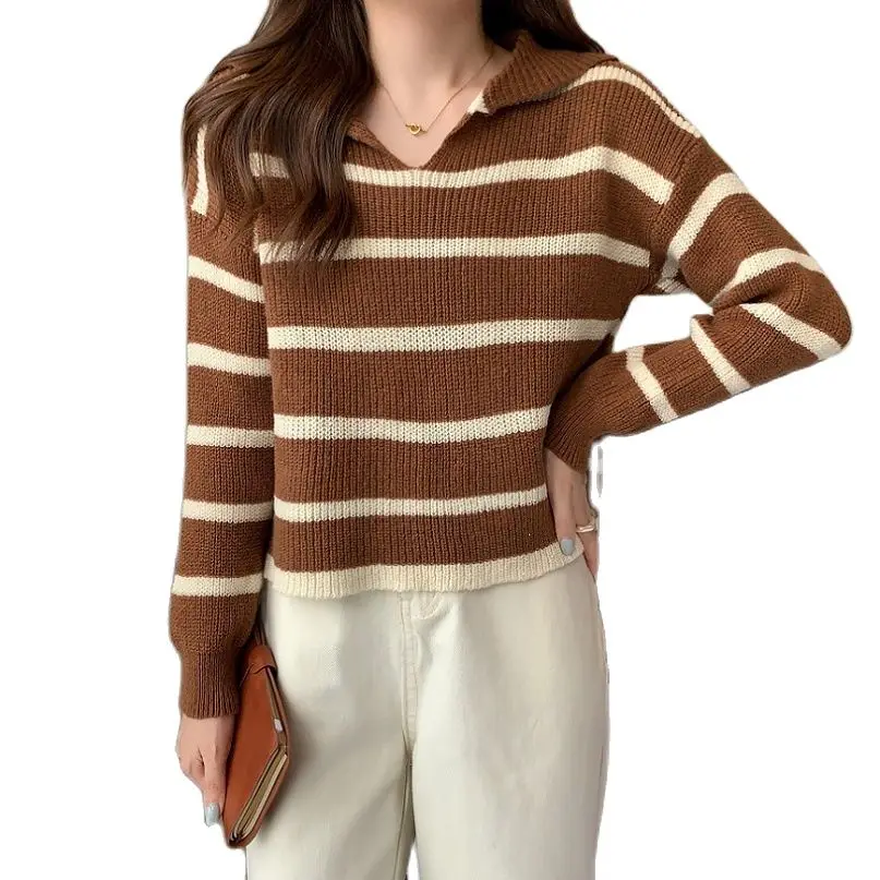 

female knitted Bottoming Shirt navy collar long sleeve cross stripe