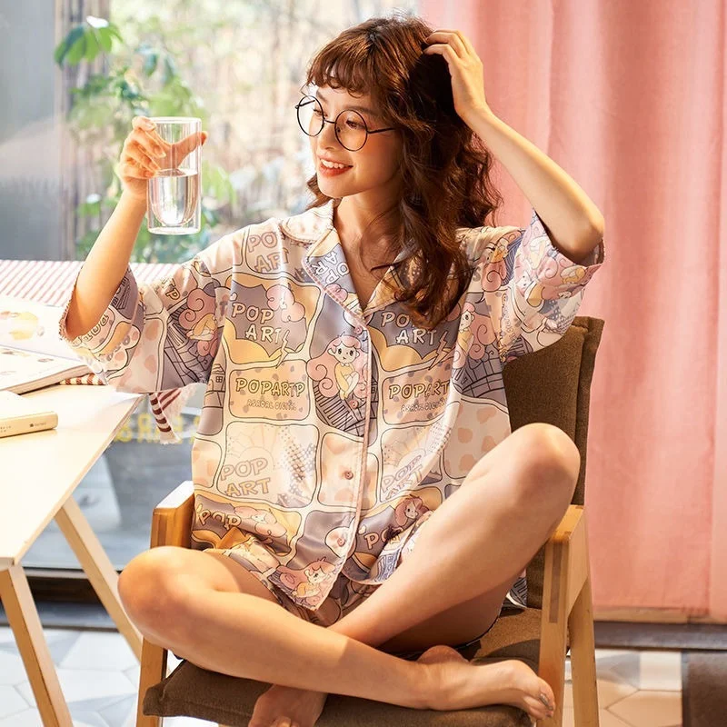 

QWEEK Pajama Set Women Mermaid Print Turn Down Collar Pijamas Summer Loungewear Satin Silk Sleepwear 3/4 Sleeve Room Wear Pyjama