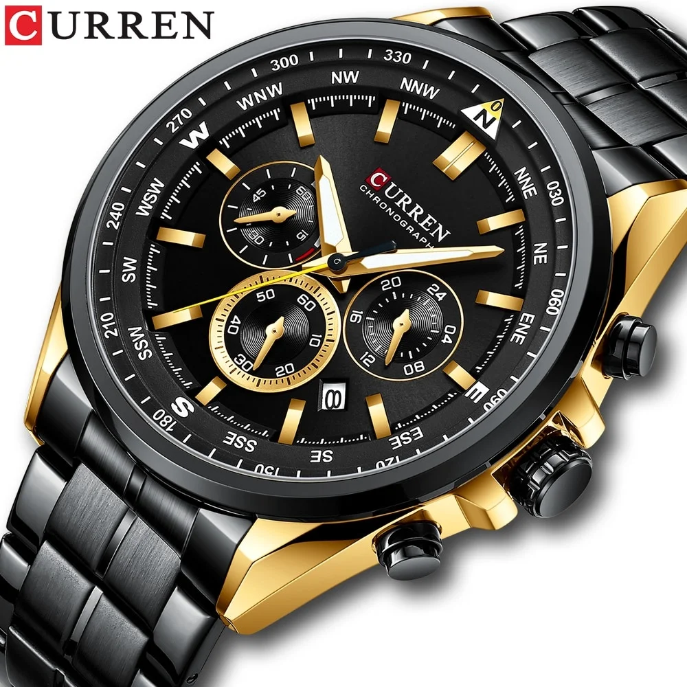 

CURREN Men Quartz Wristwatches Luxury Brand Sporty Chronograph Watches with 316 Stainless Steel Luminous Hands Male Clock Black