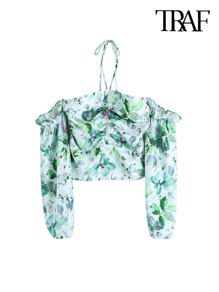 

Блузка женская с оборками и принтом, на тонких бретельках