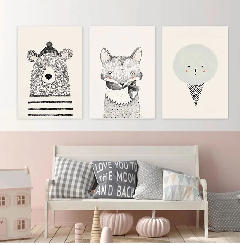 

Children Baby Room Decoration Nordic Art Bear Fox Canvas Painting Cartoon Animal Wall Picture Print Wall Decor Anime Decor