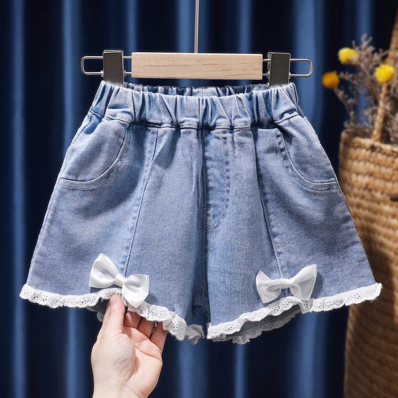 

Cute Girls Denim Shorts Elastic Waist Bow Summer Blue Short Jeans Kids Baby Casual Loose Shorts 1-6Years