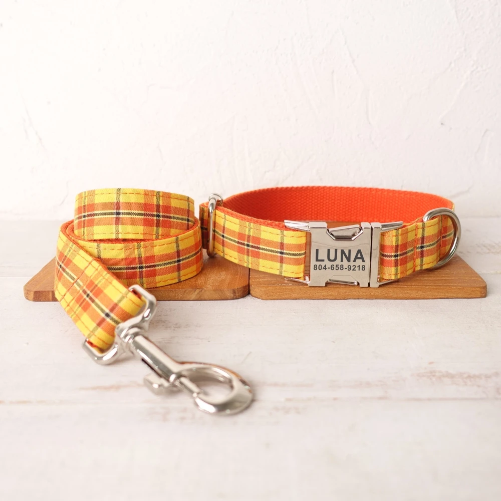 Personalized Dog Collar Customized Pet Collars Free Engraving ID Name Tag Pet Accessory Cheese Plaid Puppy Collar Leash