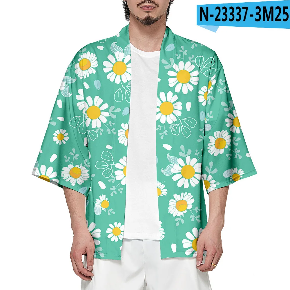 3XL-6XL Men Print Flowers Kimono Robe 3/4 Sleeve Cardigan Chinese Casual Loose Home Shirts Summer New Bathrobe