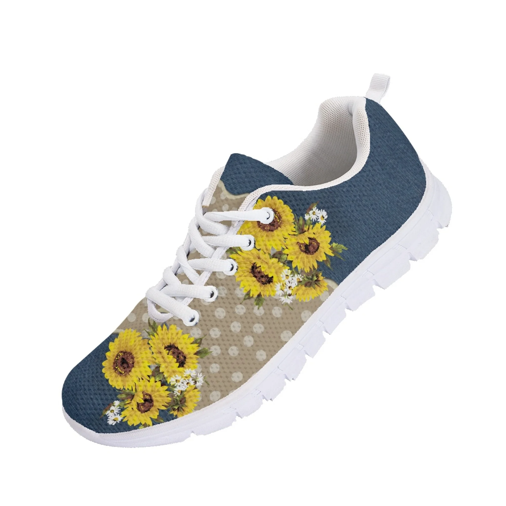 Yikeluo 2023 Women Lace up Mesh Sneakers Sunflower and Butterflies Print Walk Flat Shoes for Ladies Casual Footwear Zapatos