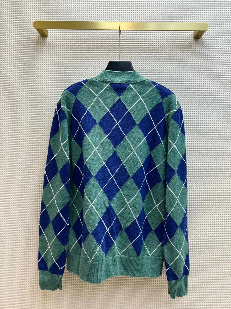 

Luxury 100% Wool Knitted Cardigan Sweaters for Women Top Quality Long Sleeve Contrast Plaid Cardigan Sweaters Lady Spring 2022