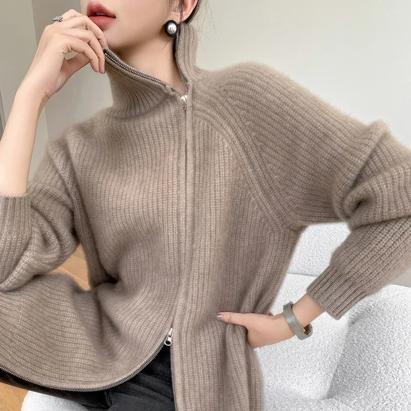 Утолщенный вязаный кардиган-поло из 100% шерсти с воротником-поло/черепашковым