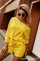 2022 summer new womens two piece off the shoulder open back solid color casual commuter suit
