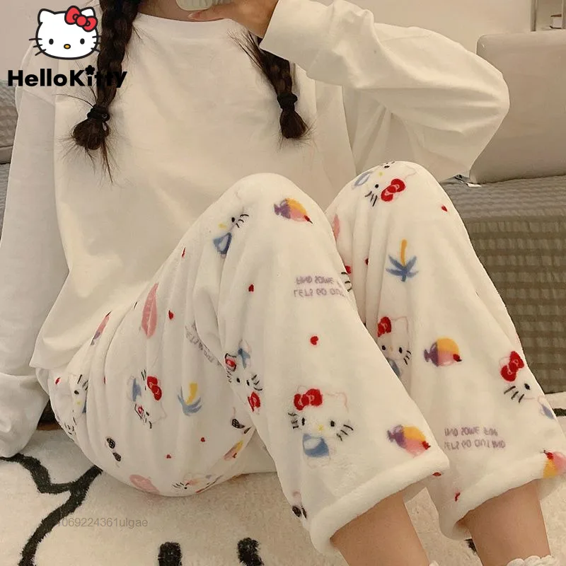 Sanrio Hello Kitty Pants Women Cartoon Plush Pajama Pants Y2k Girl Cute Home Clothes Soft Flannel Trousers Female Pockets Pant
