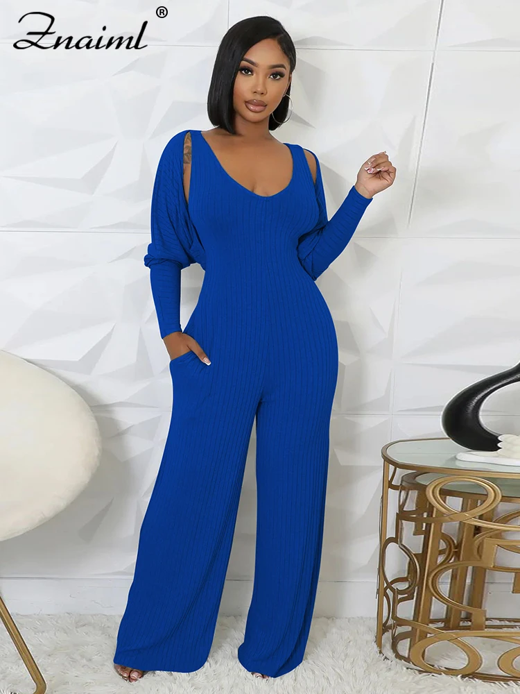 Znaiml СИНИЕ ВЯЗАНЫЕ комбинезоны с широкими штанинами и укороченным топом женские