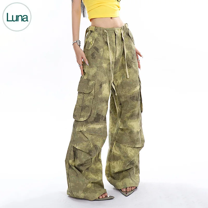 

Индивидуальный Тренд: камуфляжные брюки-карго с широкими штанинами, Свободный Повседневный дизайн на завязках, тонкие карманы, камуфляжные брюки-карго