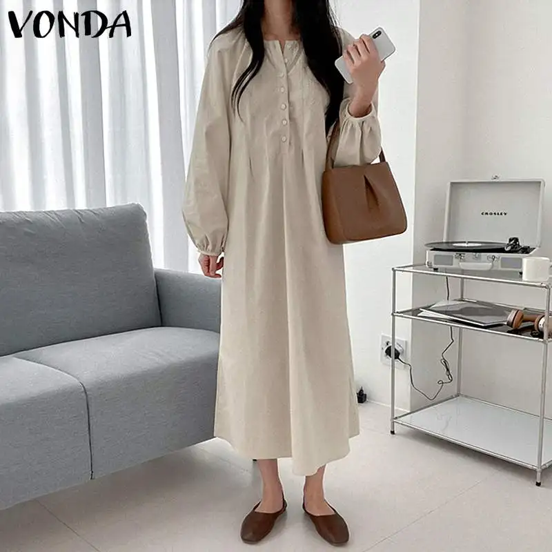 

VONDA Spring Autumn Round Neck Pleated Sundress Women A-Lined Dresses Baggy Puff Sleeve Vestido Casual Party Retro Dress 2022