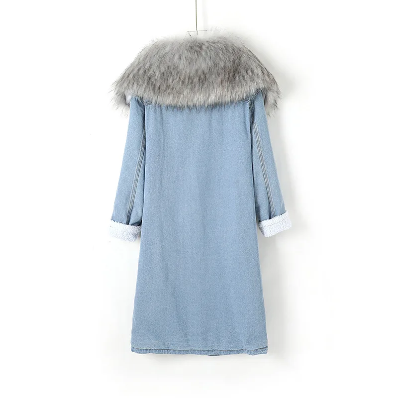 Mid Length Denim Cotton Coat Removable Fur Collar Long Sleeve Denim Jacket Winter Warm Hooded Top Plush Lining Denim Jacket
