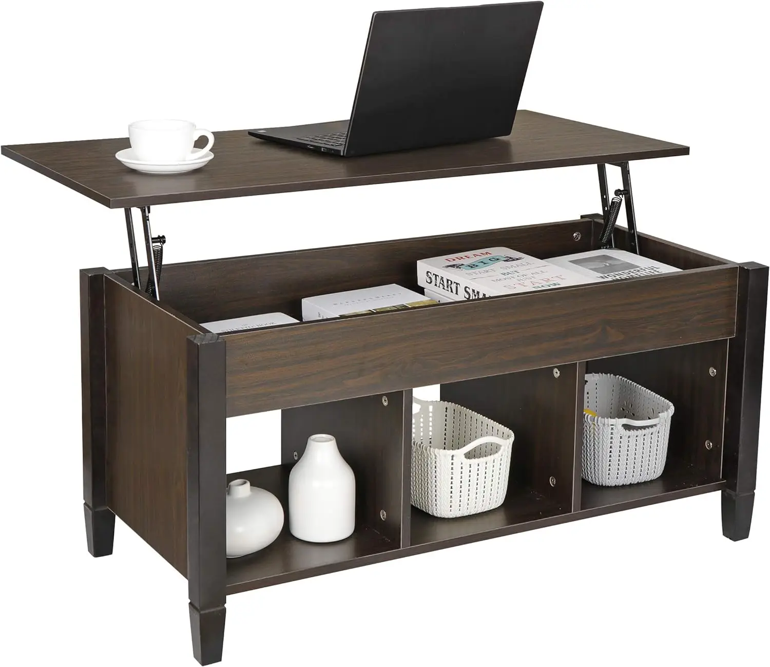 

Coffee Table Lift Tabletop w/Hidden Compartment 3 Storage Shelf Modern Pop-up Rising Dining Table for Home Living Room, 41 in L