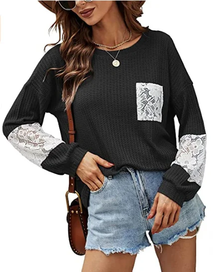 

2022 New Women's Explosive Lace Casual Loose Splicing Round Neck Versatile Knitwear Comfortable Casual Solid Cotton Knit Sweater