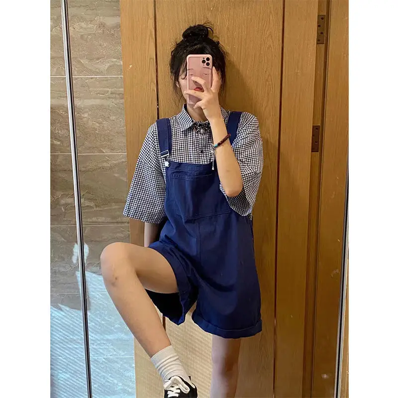 

Women 2022 Summer Fashion 2 Pieces Set Female Retro Plaid Short Sleeve Shirts and Strap Denim Shorts Two Piece Clothing Sets S40