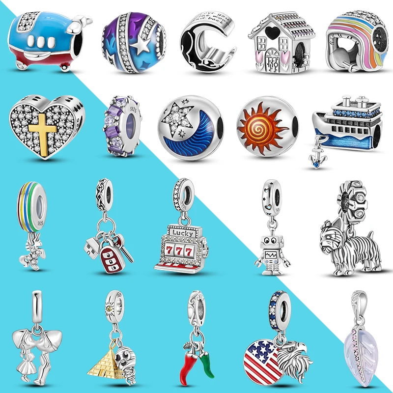 

Подвески на удачу, милый самолетик, звезда, Луна, Серебряный Круглый бисер, подходит для оригинального браслета 925, подвеска «сделай сам», до...