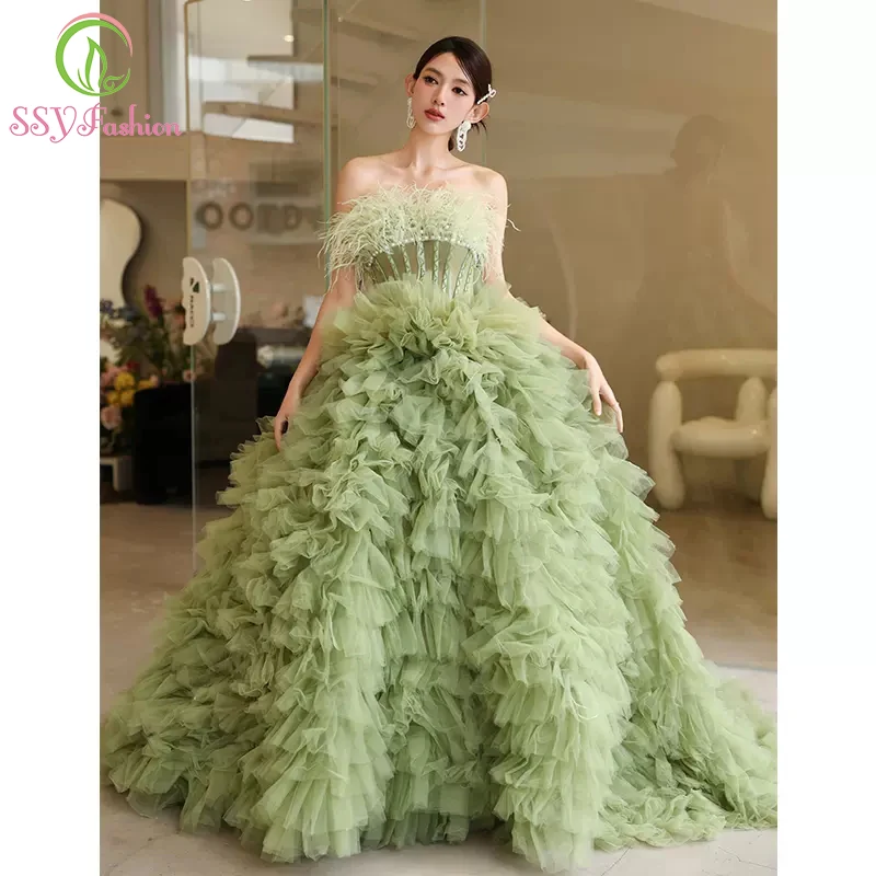 

SSYFashion New Luxury Prom Dress Fresh Green Strapless Feather Cake Style Luxury Evening Party Gowns for Women Vestido De Festa