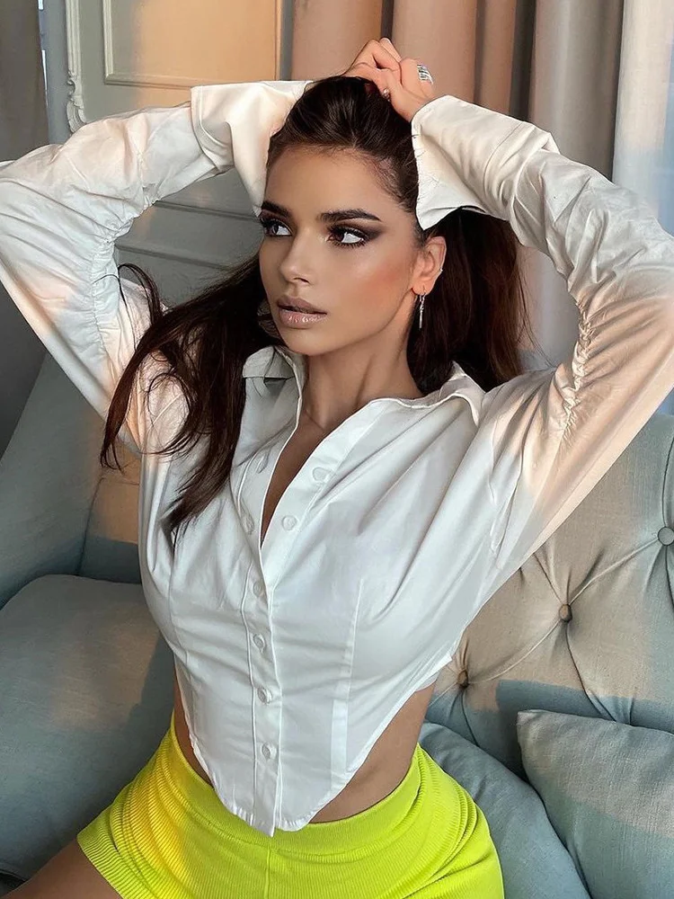 

CHRONSTYLE Long Sleeve Irregular Hem Shirts Crop Tops 2022 New Sexy Women White Color Buttons Up Turn-down Collar Blouses Shirts