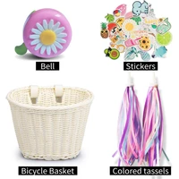 kids bike front handlebar basket with bell tassel stickers handmade artificial wicker bicycle storage basket bicycle accessories