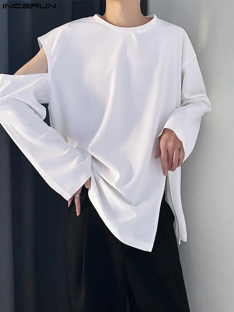 

Футболка INCERUN мужская с круглым вырезом, модная ажурная Повседневная рубашка с длинным рукавом, уличная одежда свободного покроя в Корейско...