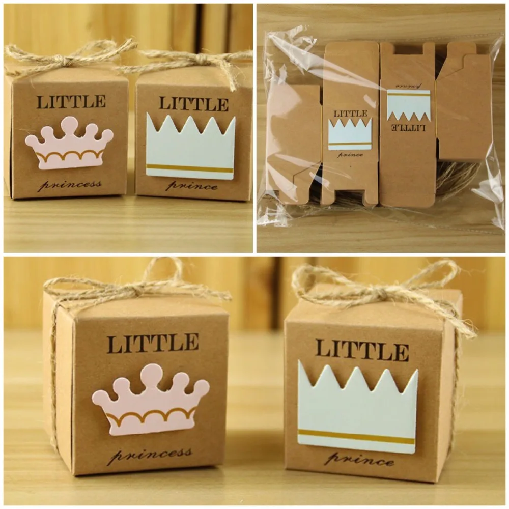 

100 x European Little Prince Princess Square Kraft Paper Wedding Favors Baby Shower Candy Boxes Party Gift Box With Hemp Ropes