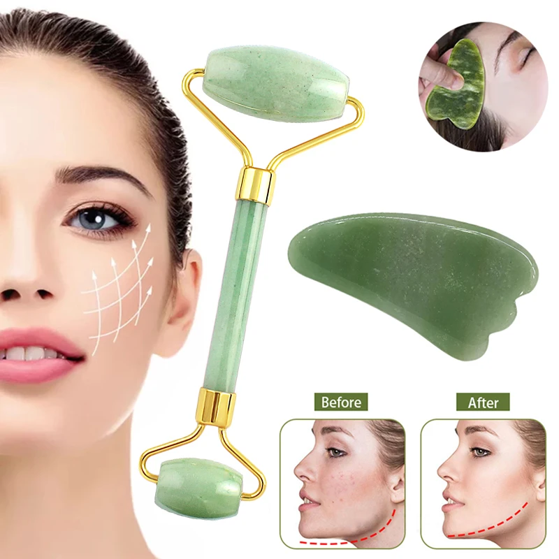 

Massager For Face Jade Roller Facial Skin Care Tools Natural Gouache Scraper Body Back Beauty Slimming Massagers Roller Set