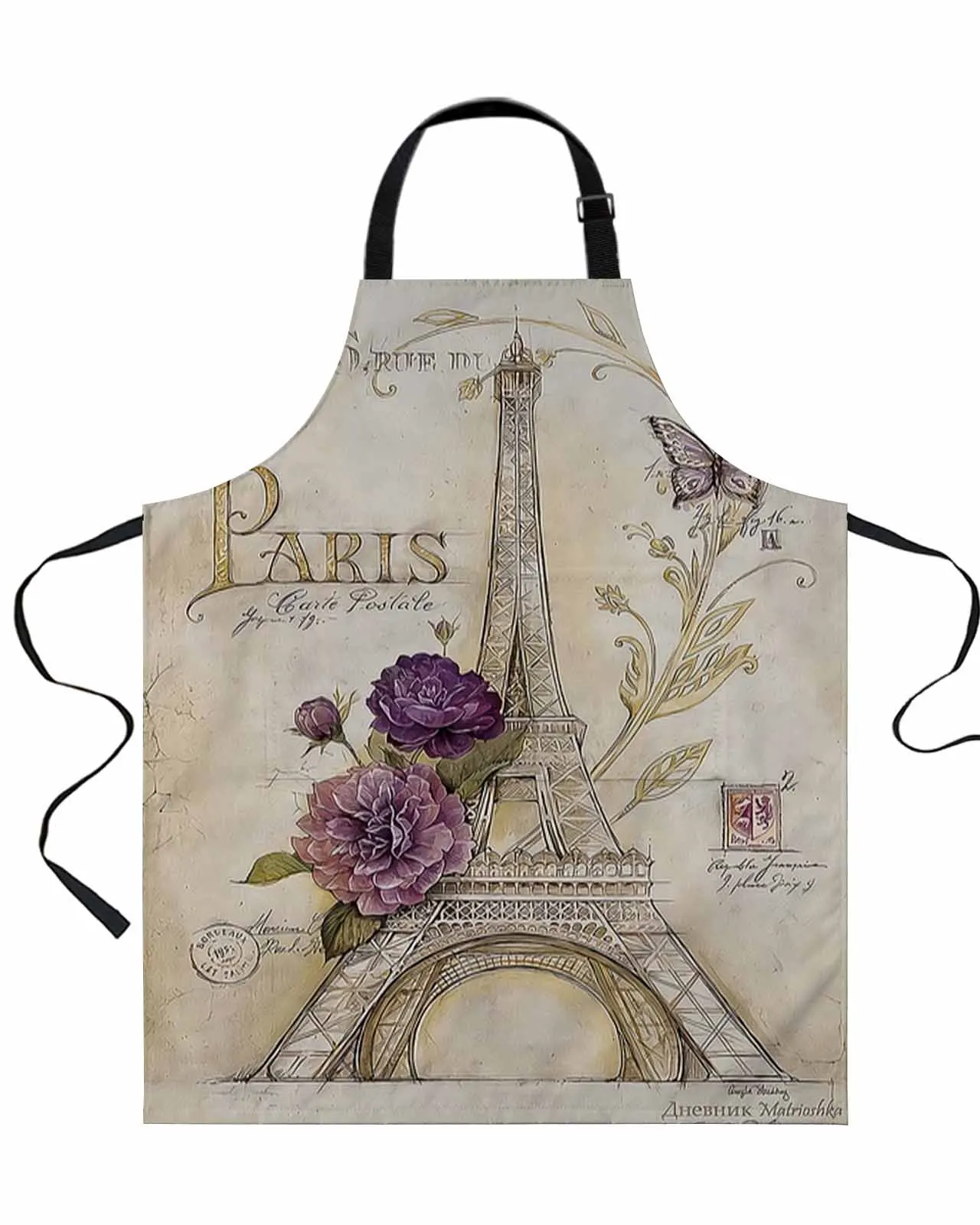 

Vintage Eiffel Tower Flowers Butterfly Apron Waterproof Anti-Oil Sleeveless Useful Things for Kitchen Men Women Home Work Wear